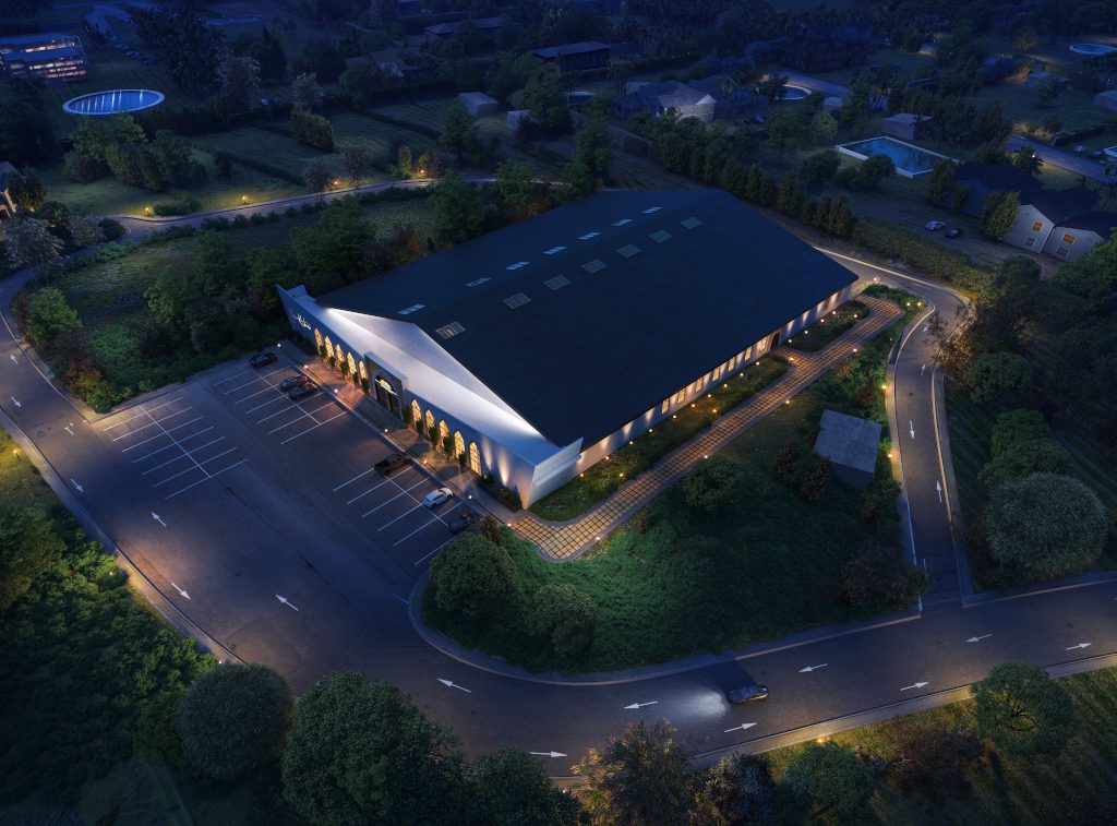 Aerial rendering of the planned Husaynia Masjid and grounds at night